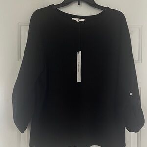 Women's Black Long-Sleeve Crewneck Top with Button-Tab Sleeves